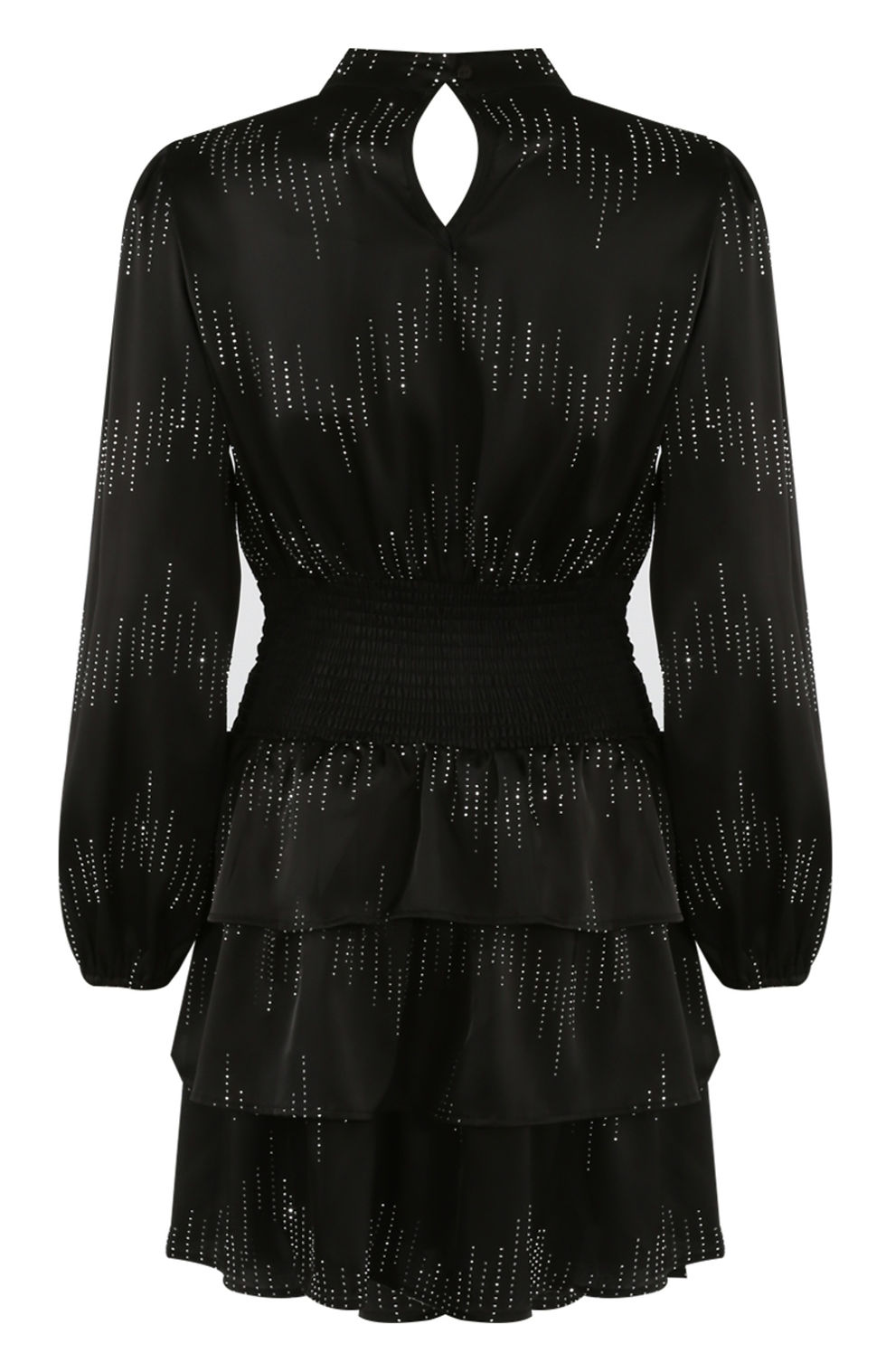 Back of elegant black satin party dress featuring silver accents, waist-clinching fit, and sophisticated tiered skirt.