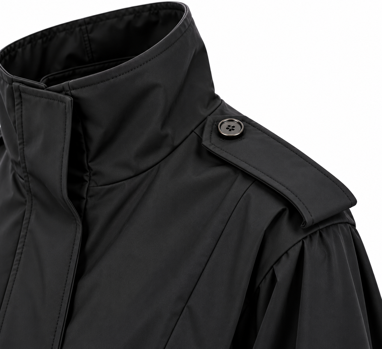 Black belted trench jacket shoulder detail