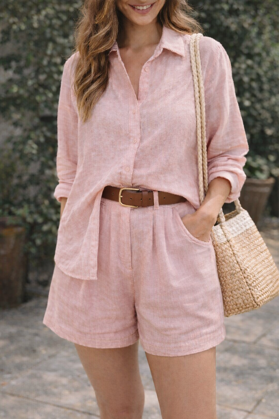 Soft Pink oversized ladies shirt teamed with matching shorts and brown belt
