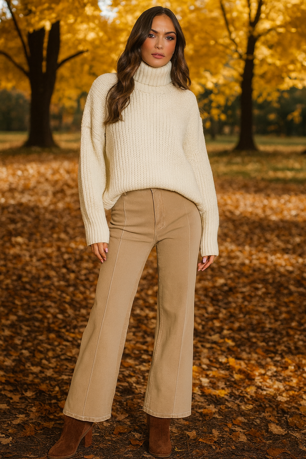 Visible seam high waisted wide leg jeans in taupe, styled with cream knit, Autumn outdoor setting