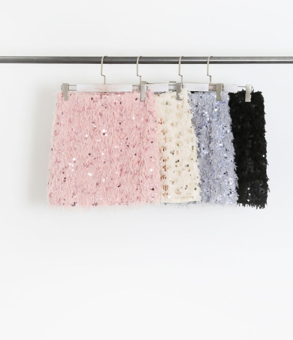 Product image of feather and sequin mini skirt showing four colours, glamorous party skirt, Summerlillys, Coalville