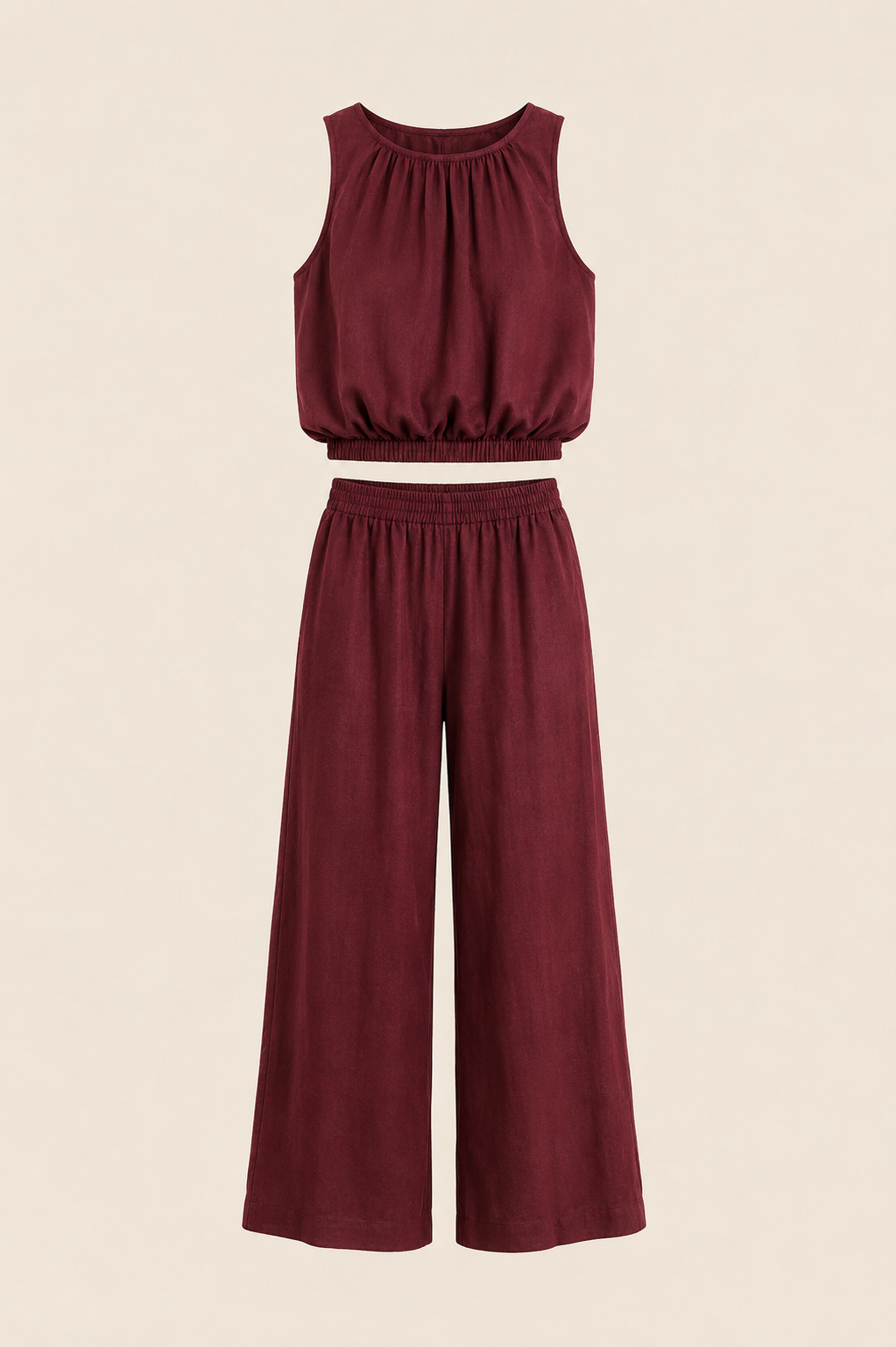 Burgundy Cropped Bubble Hem Co-Ord | Wide Leg Holiday Set