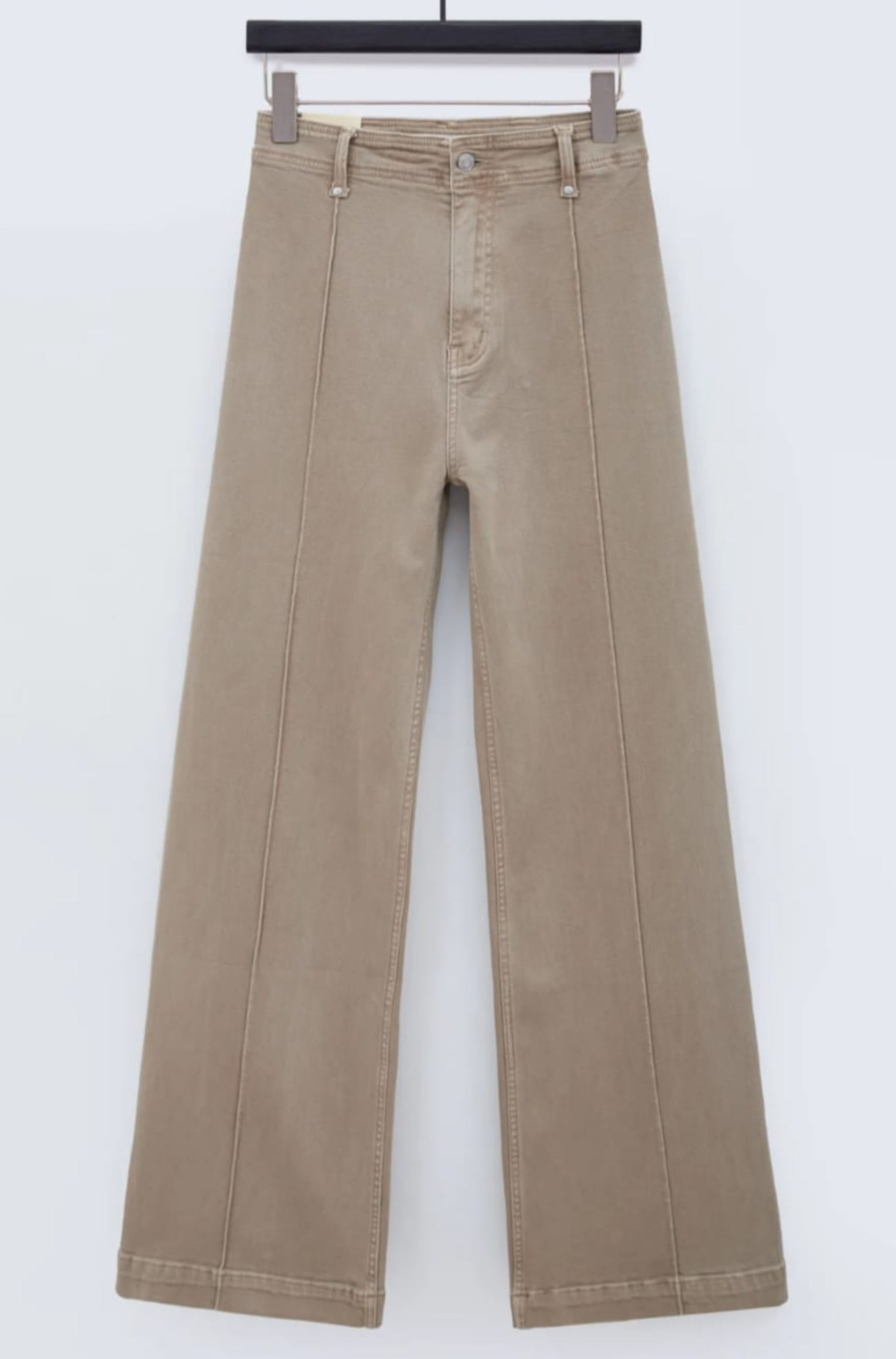 Product photo of Wide-leg high-waisted jeans with visible seam detail in taupe.