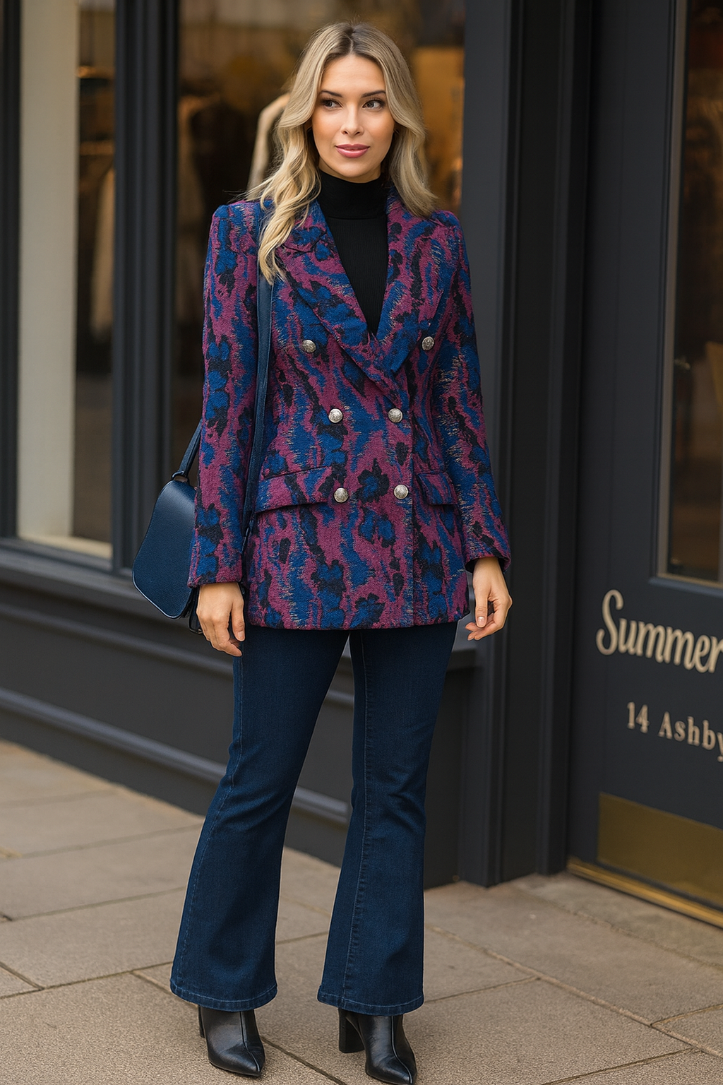 model in jacquard double-breasted blazer in purple with silver buttons