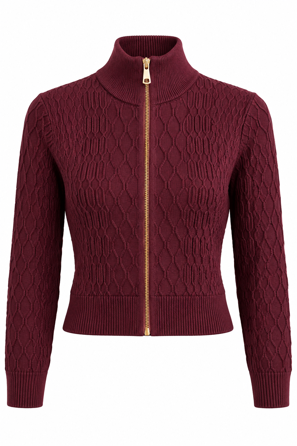 Burgundy cable knit zip cardigan with gold front zip, high neckline and long sleeves on white background