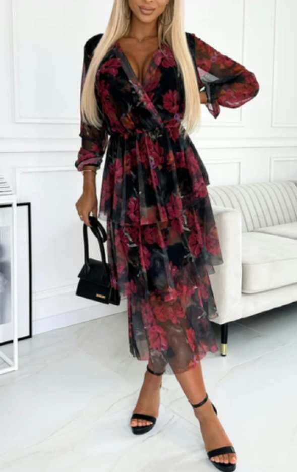 black and red romantic chiffon maxi dress in floral print, featuring flowing tiers, inner lining, self tie belt,