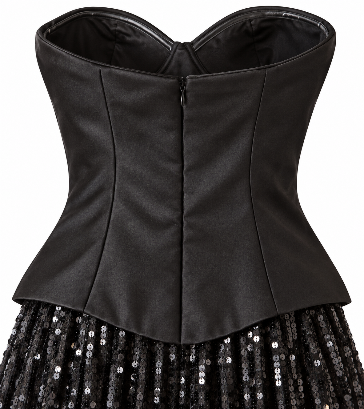 Back view of black strapless sequin maxi dress showing fitted structured bodice, concealed back zip fastening and sequin skir