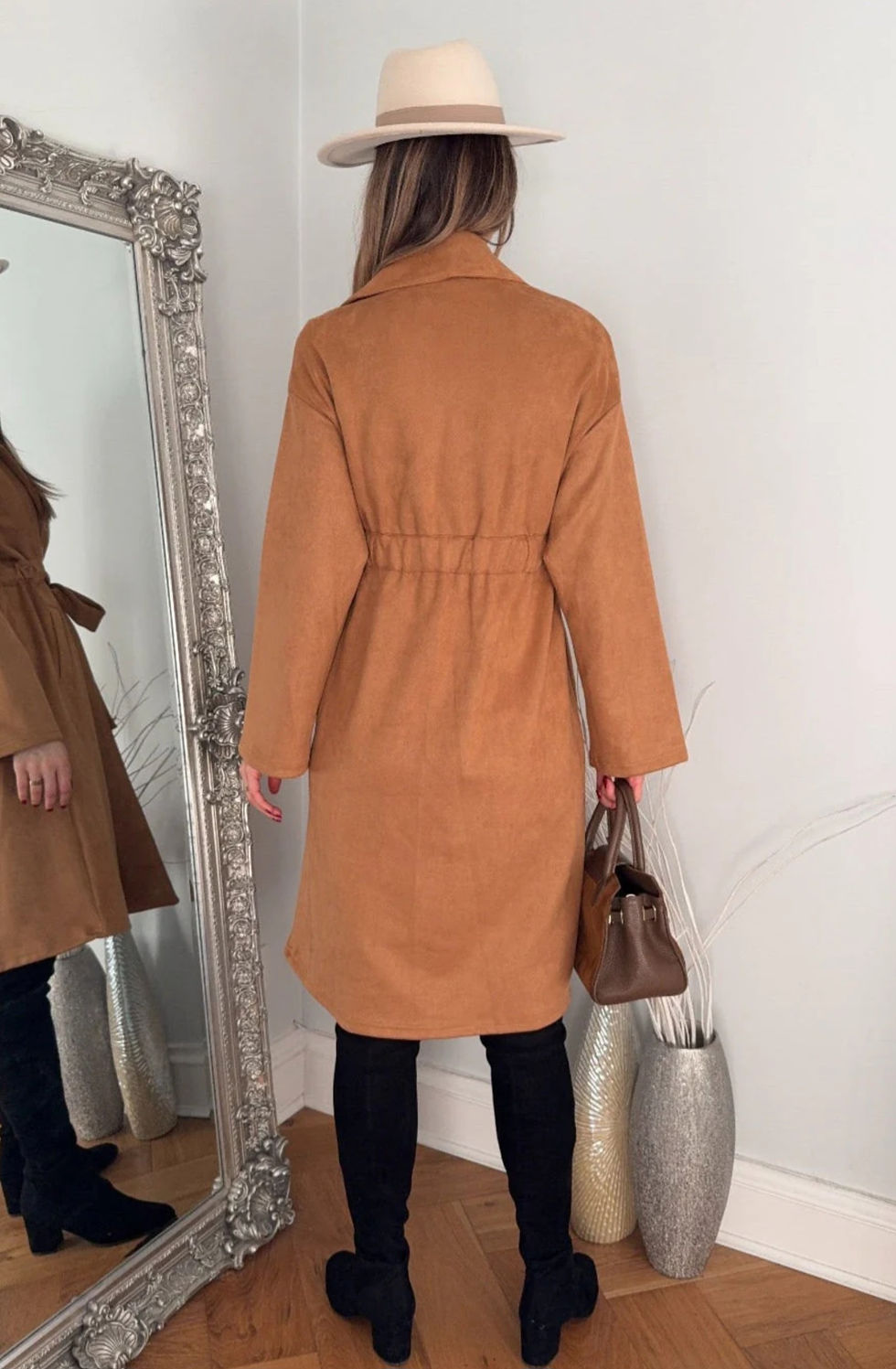 Back view of camel faux suede midi trench coat - knee length outerwear