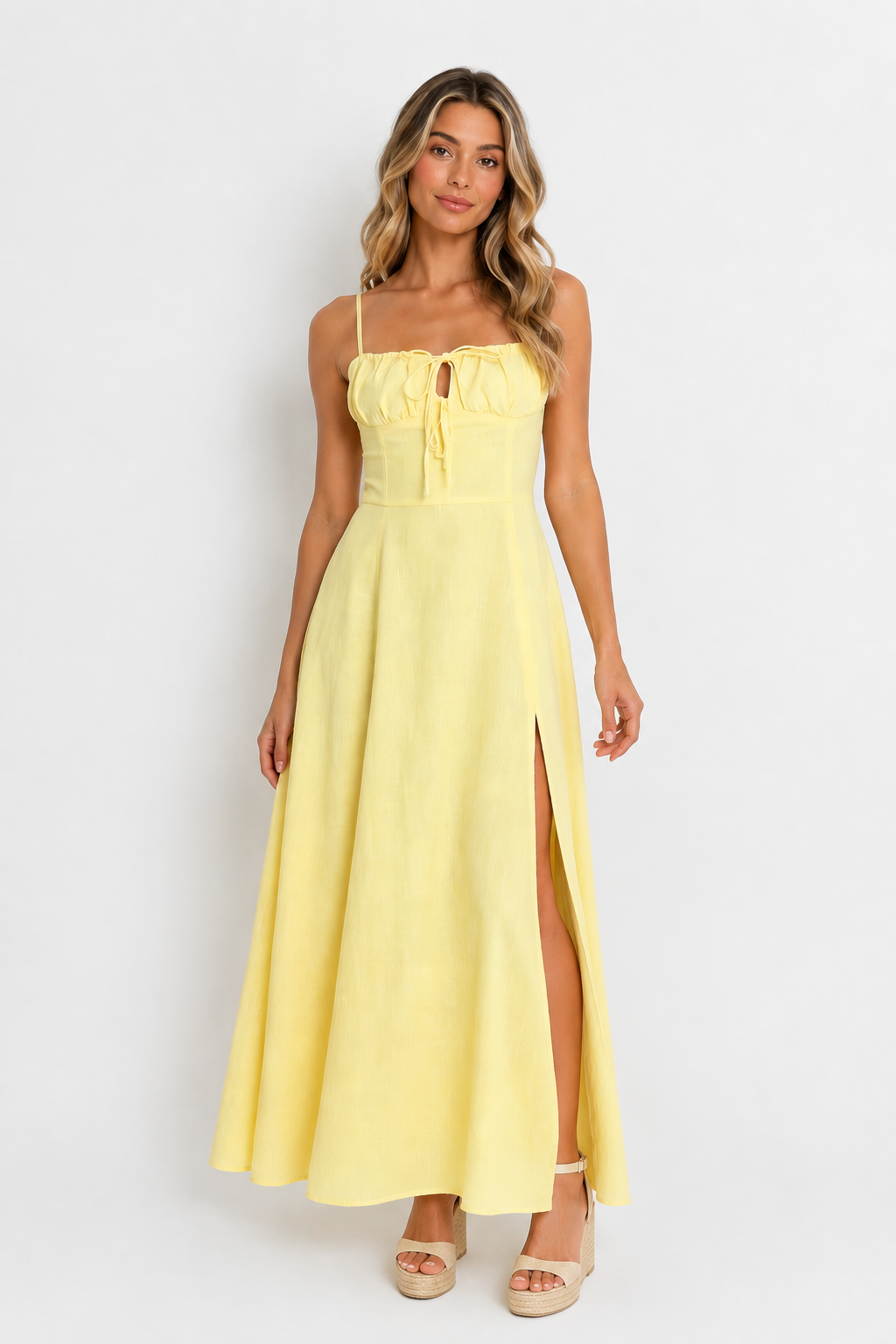 Woman wearing yellow 100 percent cotton maxi dress with tie front and flowing skirt