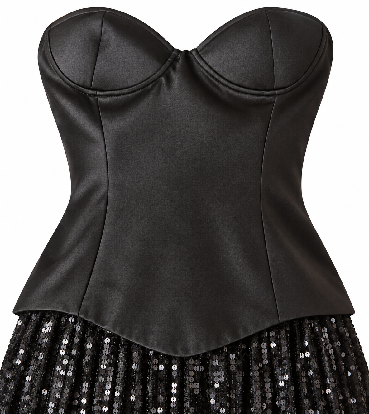Front close-up of black strapless bandeau dress showing structured sweetheart neckline, built-in bust cups and fitted bodice
