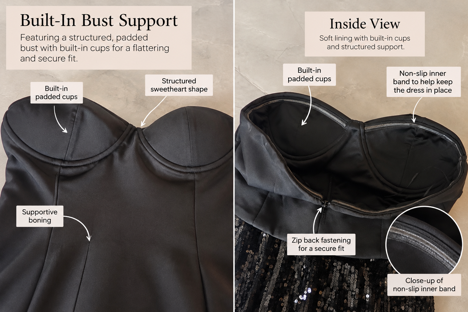 Close-up of black bandeau sequin dress showing internal bust support, structured cup construction and garment care labels.