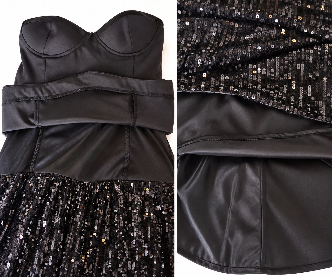 Close-up of black sequin maxi dress showing the fully lined skirt, smooth inner lining and detailed sequin fabric constructio