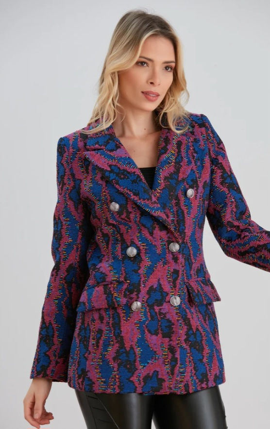 model wearing purple jacquard double-breasted blazer with silver buttons