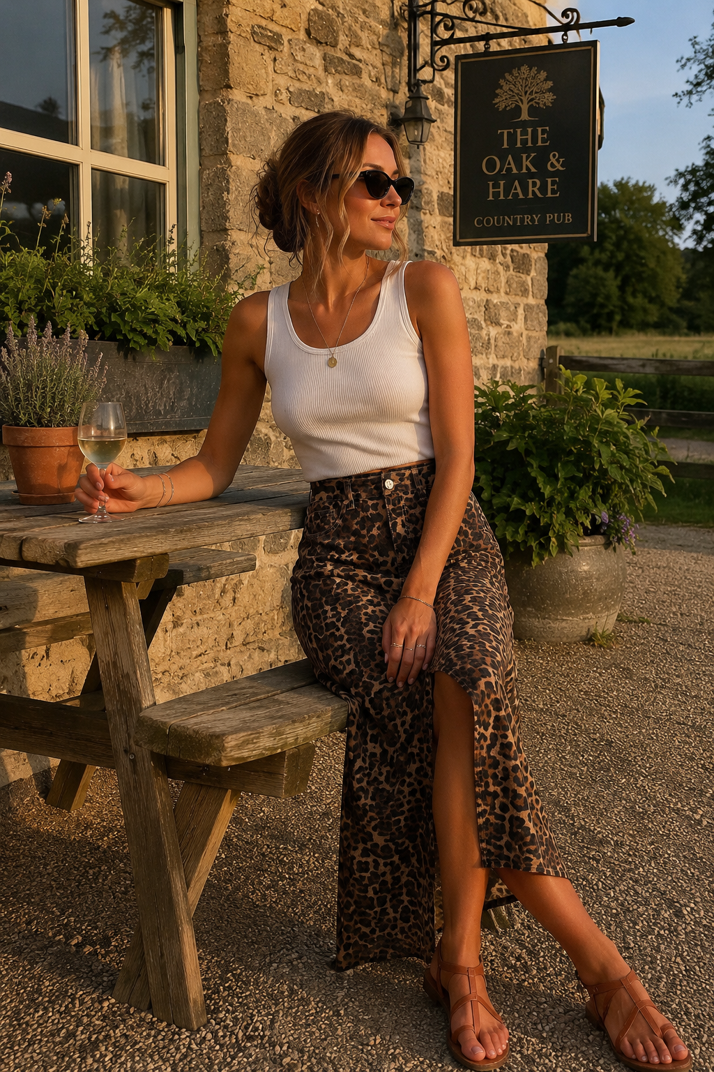 Summer leopard print skirt outfit with wedges and gold jewellery