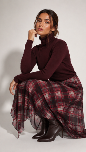 Checked Asymmetric Chiffon midi skirt 