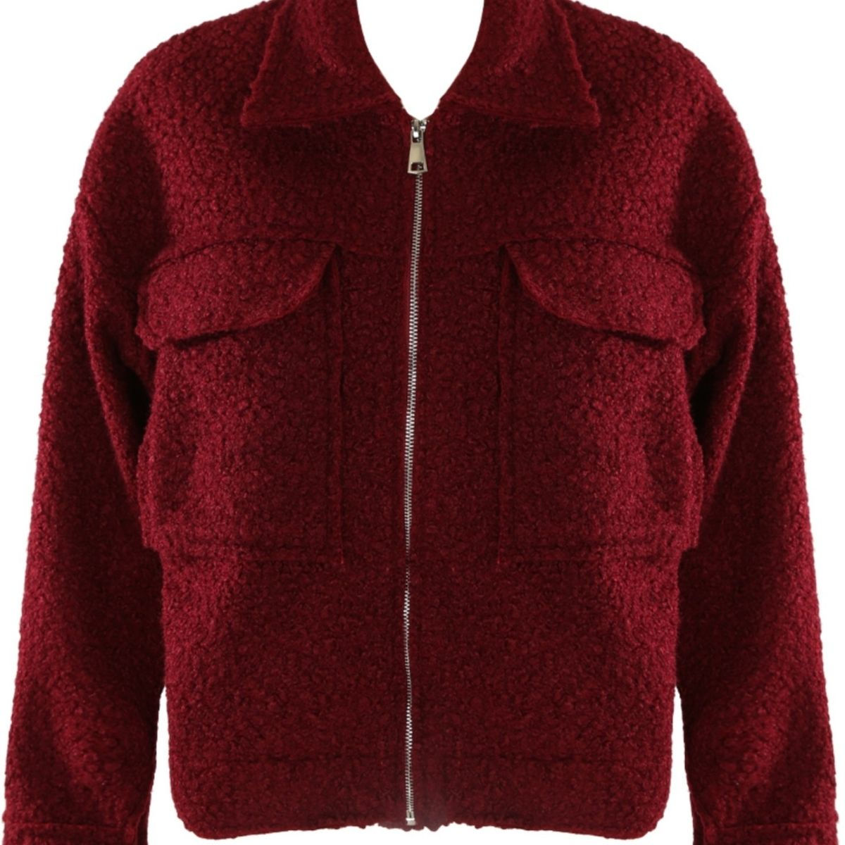 studio image of burgundy-fleece-teddy-jacket with collared neckline, zip front and oversized pockets.