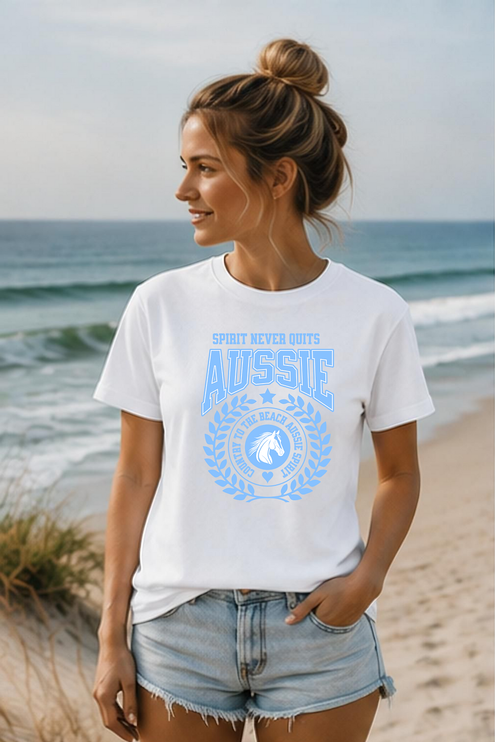 Thumbnail: Aussie Spirit T-Shirt — "Spirit Never Quits" Beach & Horse Graphic