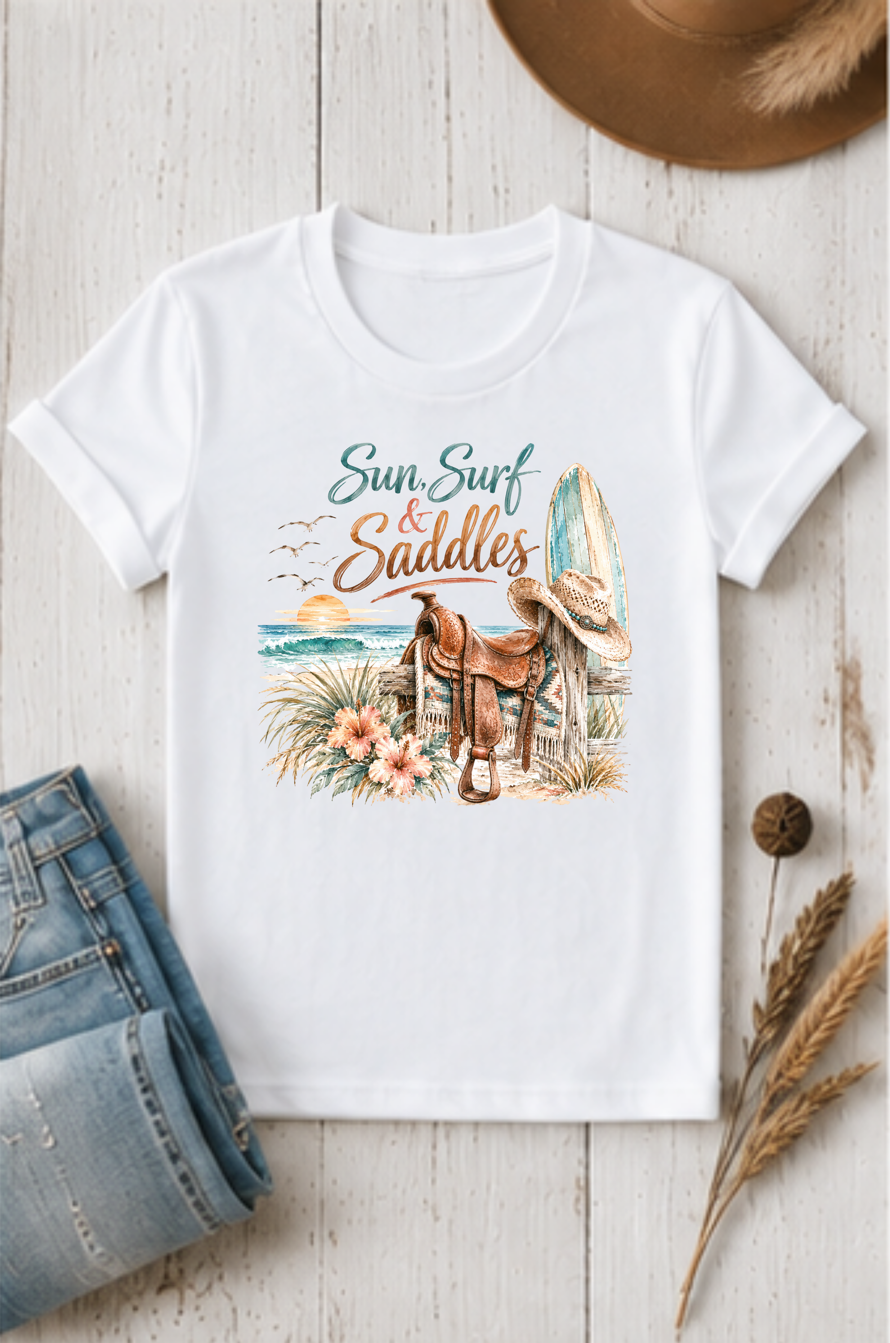 T-Shirt — Sun, Surf & Saddles Vintage Beach Western Graphic Tee