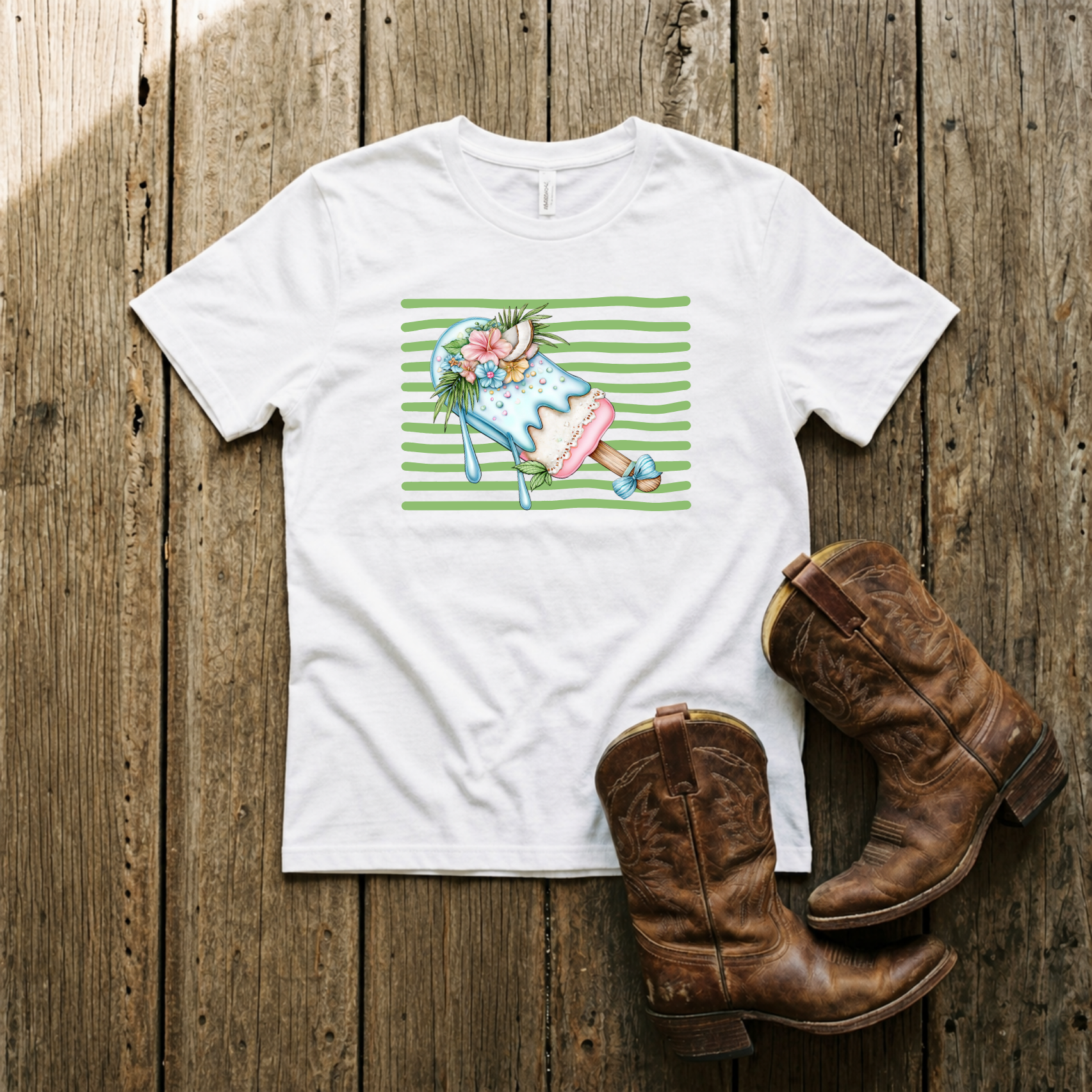 Youth T‑Shirt — Pastel Ice Cream Graphic on Green Stripes