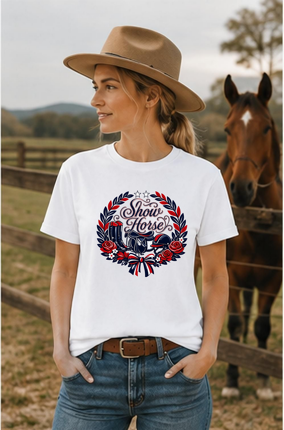 Thumbnail: Show Horse Graphic T-Shirt — Equestrian Ribbon & Rose Tee