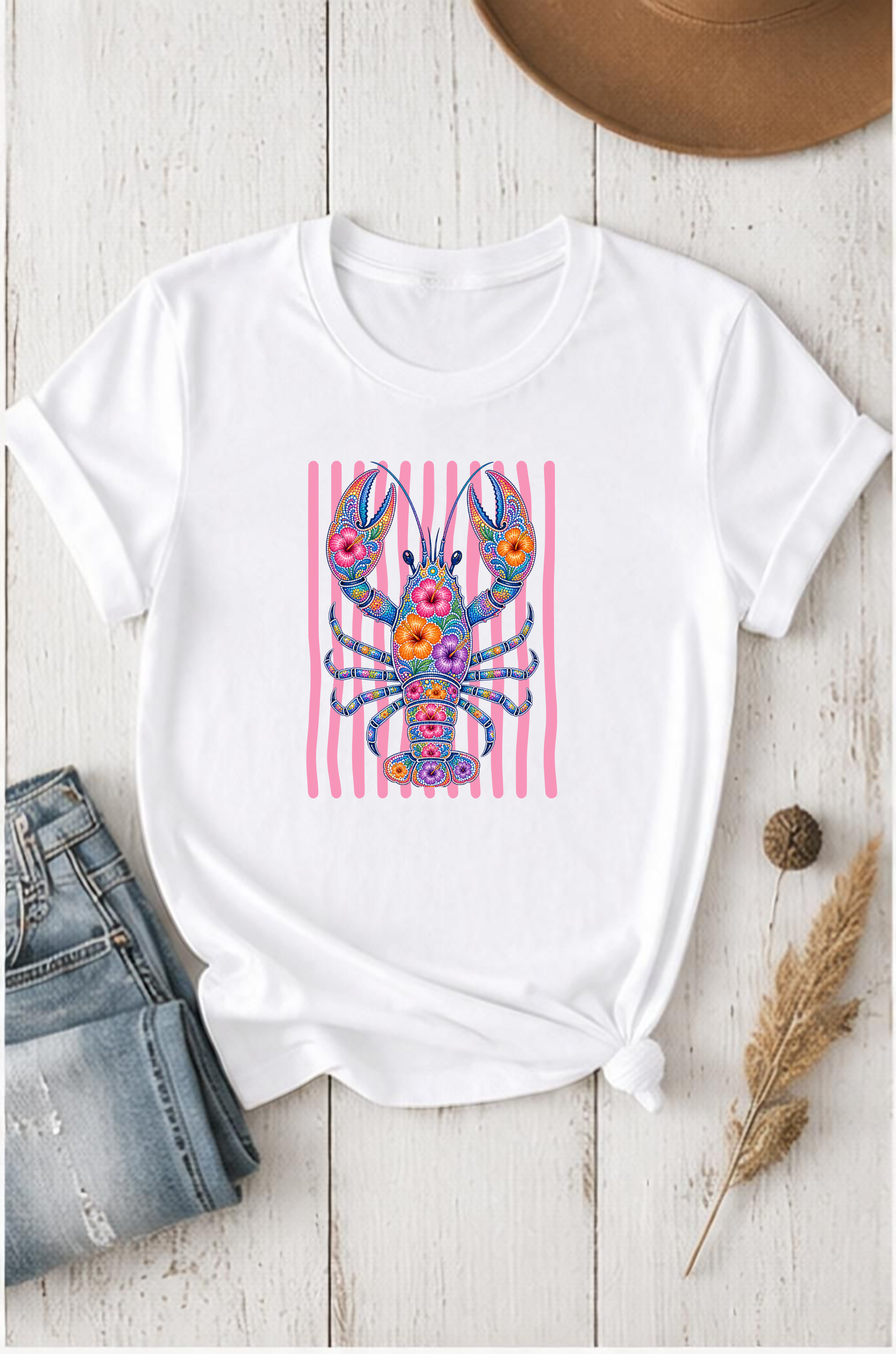 Floral Lobster Tee — Colorful Beach Boho Graphic T-Shirt