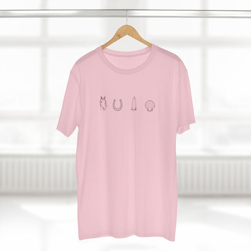 Thumbnail: Beach Symbols T-Shirt — Minimal Horse, Horseshoe, Surfboard & Shell 