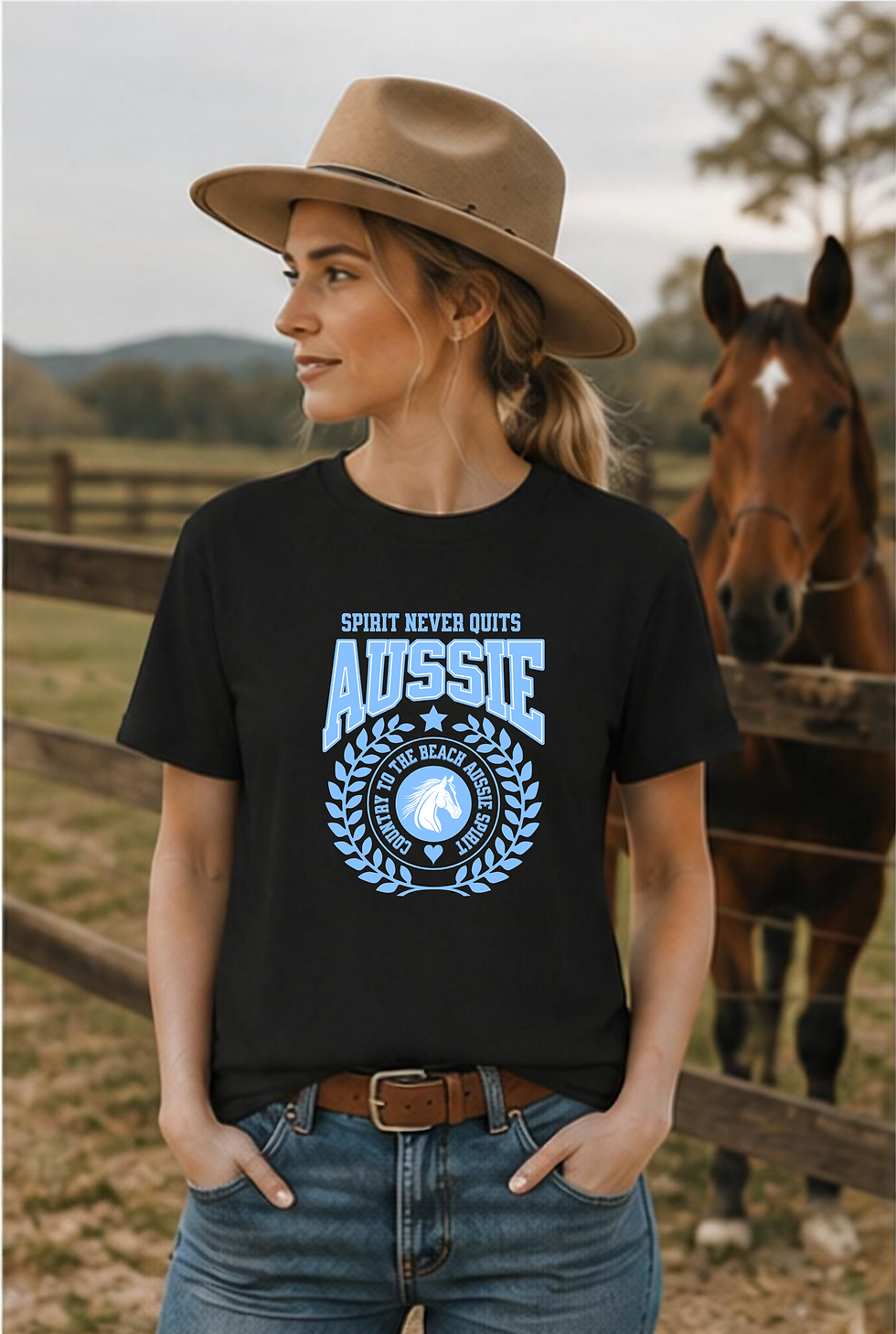Thumbnail: Aussie Spirit T-Shirt — "Spirit Never Quits" Beach & Horse Graphic