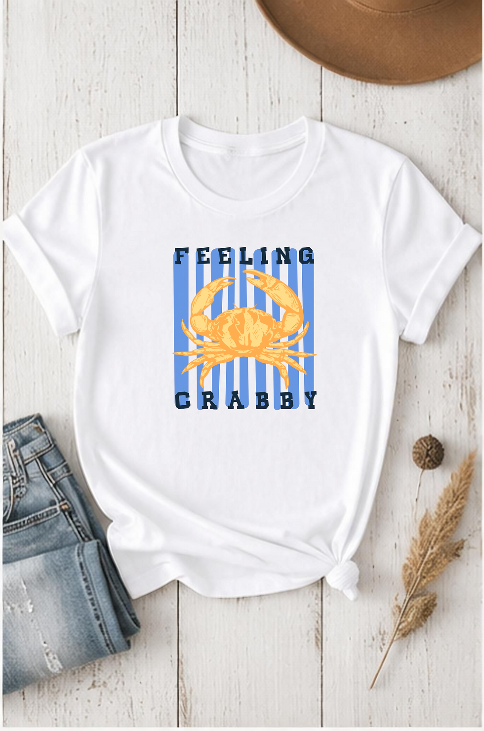 Thumbnail: Feeling Crabby T-Shirt — Cute Crab Graphic Tee with Stripes