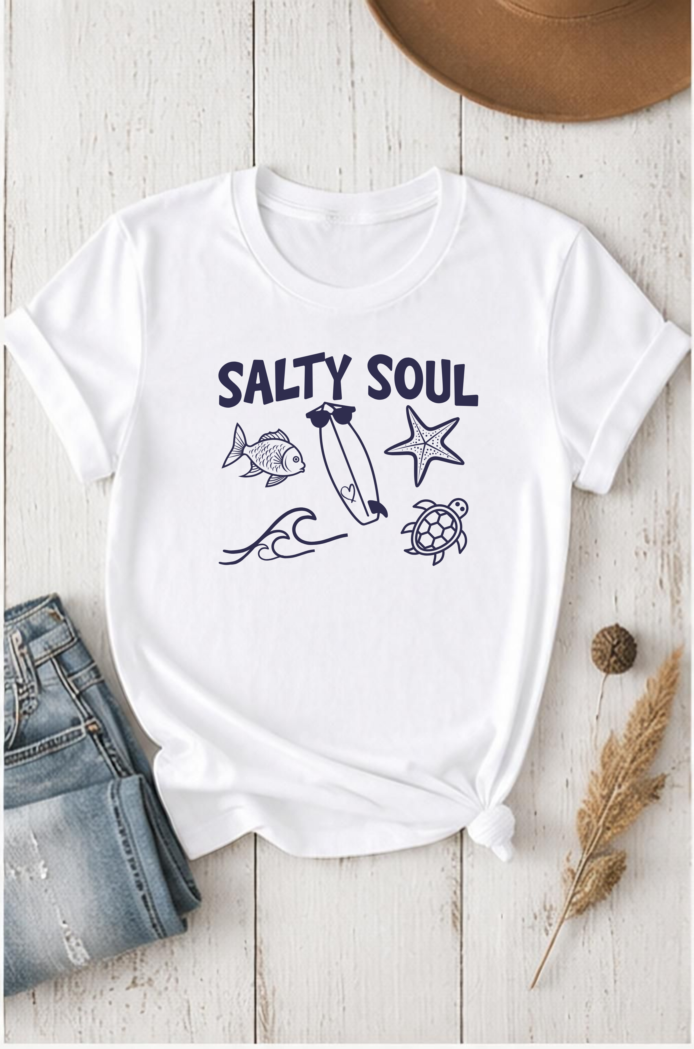 Salty Soul T‑Shirt — Surfboard & Sea Life Beach Tee