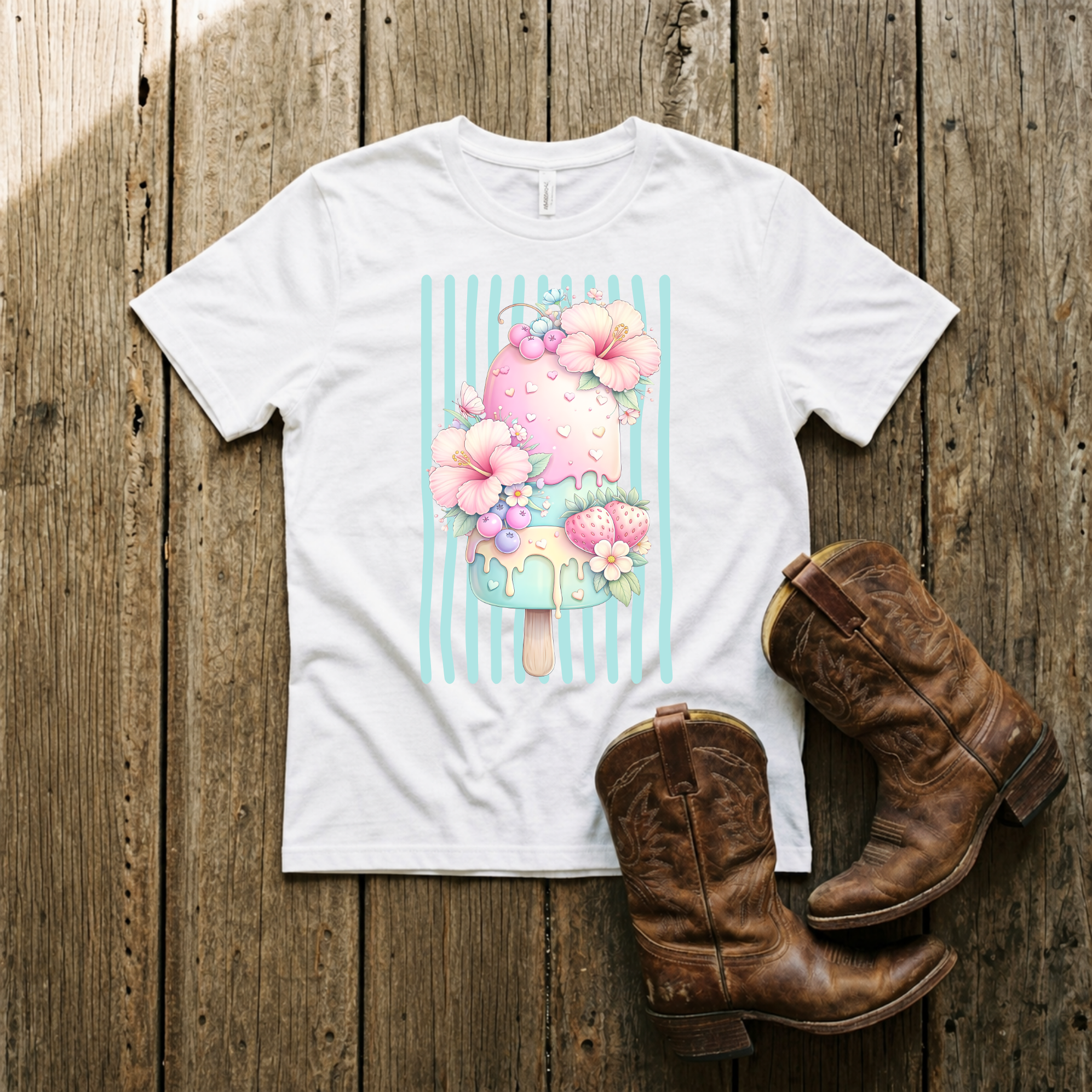 Youth Floral Cotton Tee — Cute Pink Flower Ice Cream Design