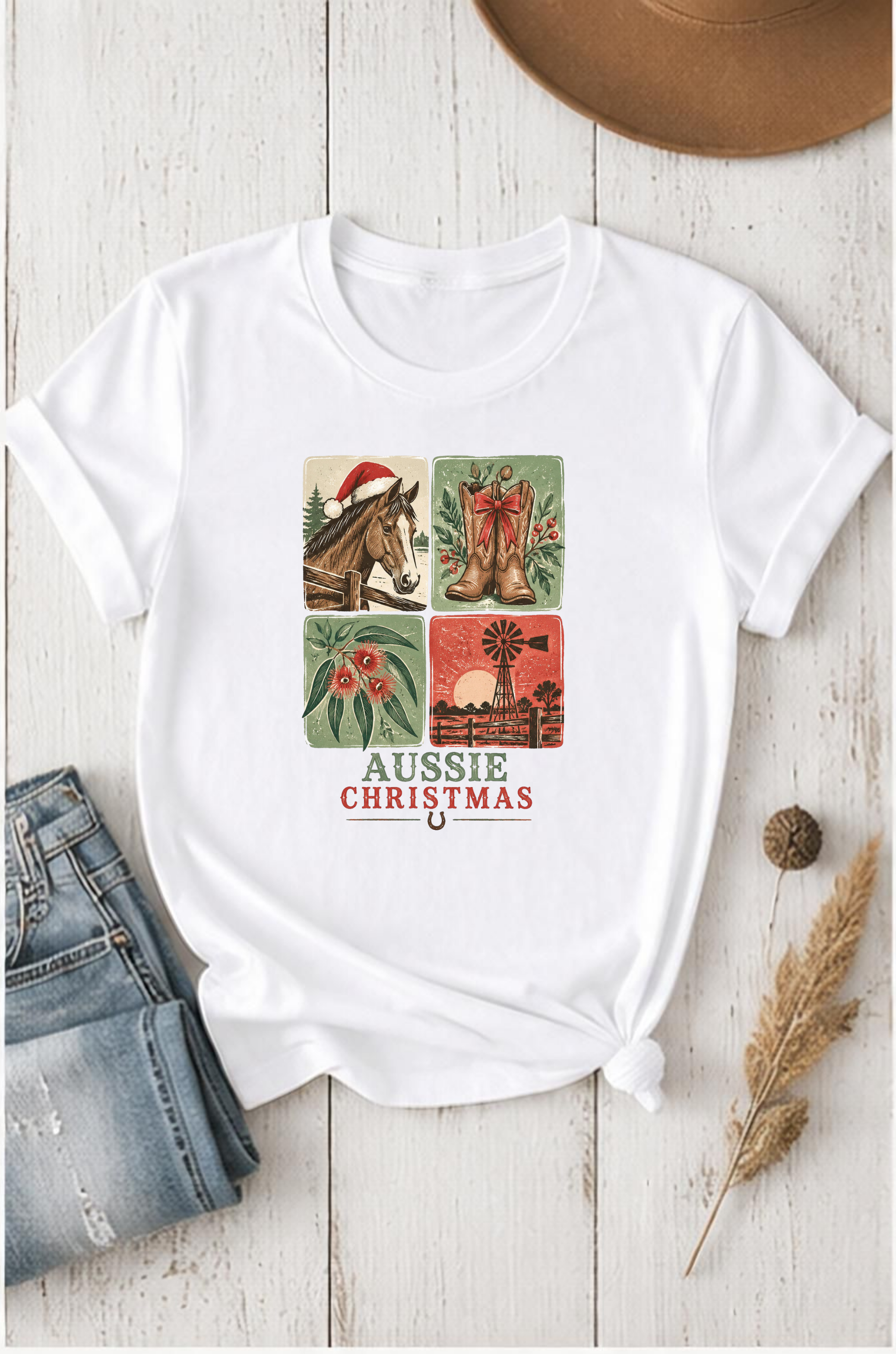 Christmas horse T-shirt with four-panel country Christmas design