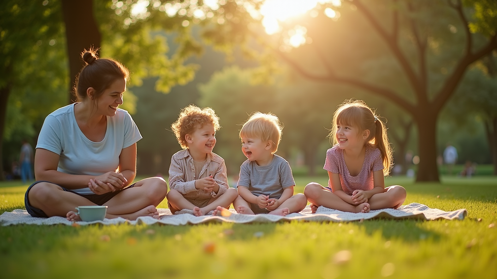 Eye-level view of a family enjoying a picnic in a park