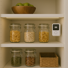 Pantry shelves with smart tags or scanners for inventory management