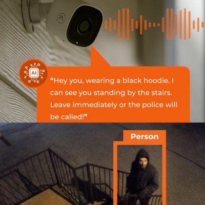 Surveillance camera with text alert: "Hey you, wearing a black hoodie. Leave immediately or police will be called!" Person by stairs at night.