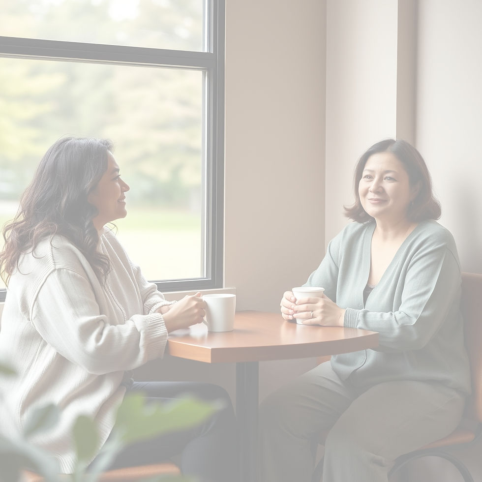 Two women sitting together over coffee in a calm café, sharing a quiet conversation that reflects support and a sense of not carrying everything alone