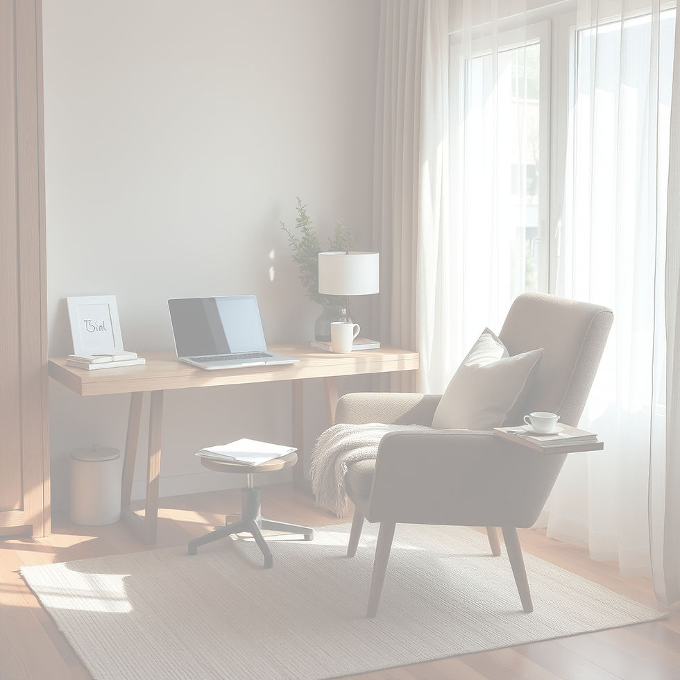 Serene editorial-style home workspace rejecting hustle culture. Warm oak, taupe, linen and