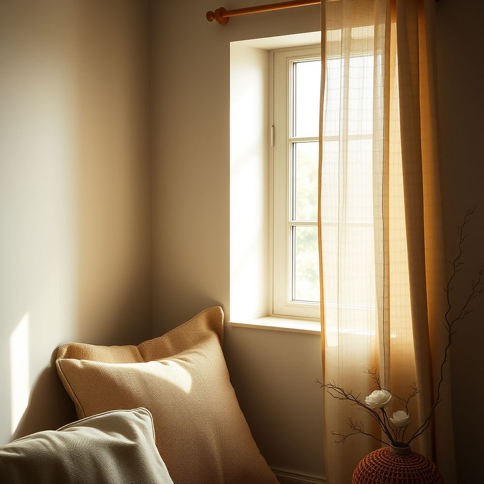 A softly lit interior corner with warm neutral tones, textured linen, natural wood, and mu