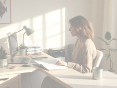 Calm workspace with a person sitting quietly at a desk in soft light, representing low energy and mental fatigue