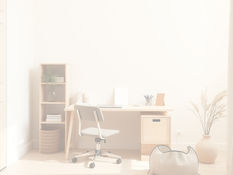 Minimalist, calming interior in soft neutral tones (cream, beige, light wood). A simple, uncluttered workspace with a few items gently set aside and not being attended to, while one small area remains softly in focus.