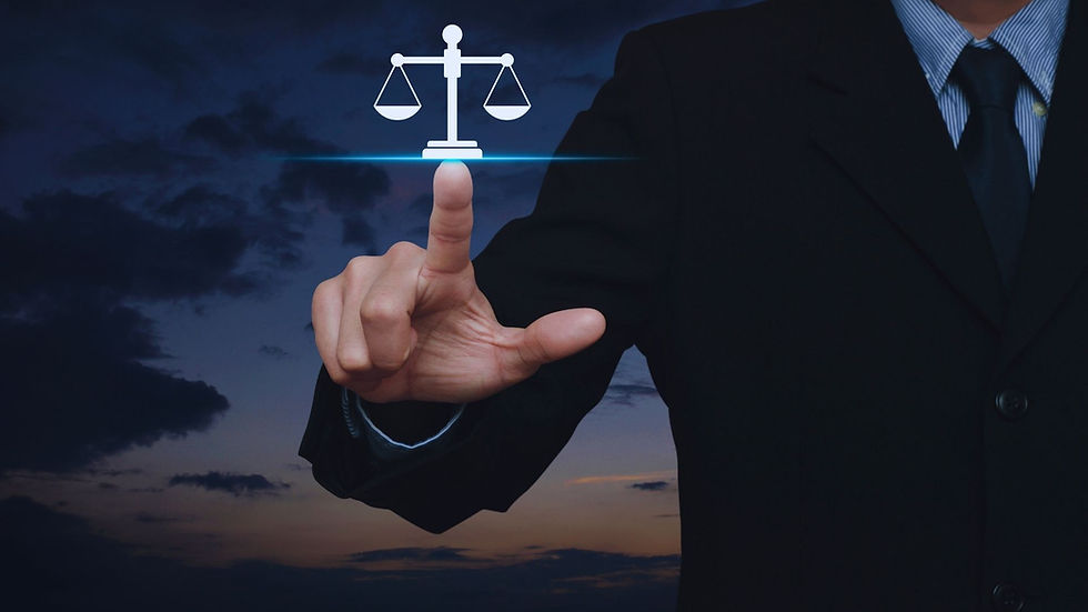 digital lawyer pointing at digital scale law sign