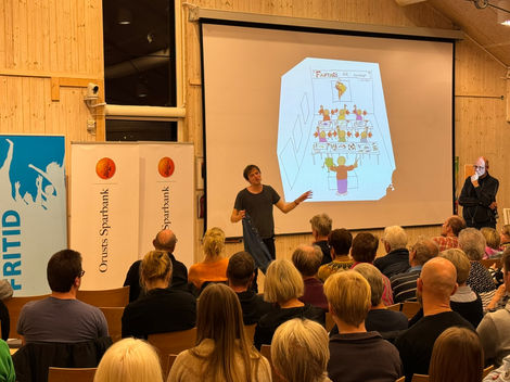 Föreläsare står framför publik i en sal