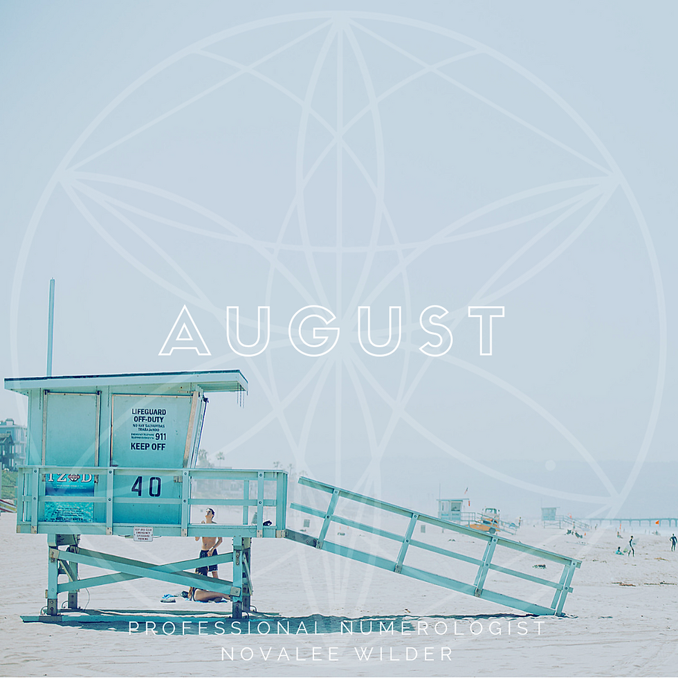 A turquoise life guard house on the beach with the word AUGUST written across in capital letters. The Numerology Forecast by Novalee Wilder