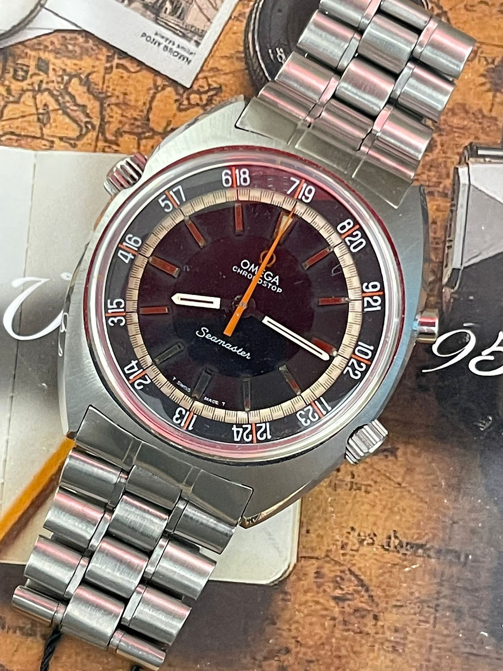 🌈🌈Omega Seamaster Chronostop 145.008🧡黑面橙針 41mm 淨錶🧡連原裝Omega鋼帶 VU284 (旺角店)