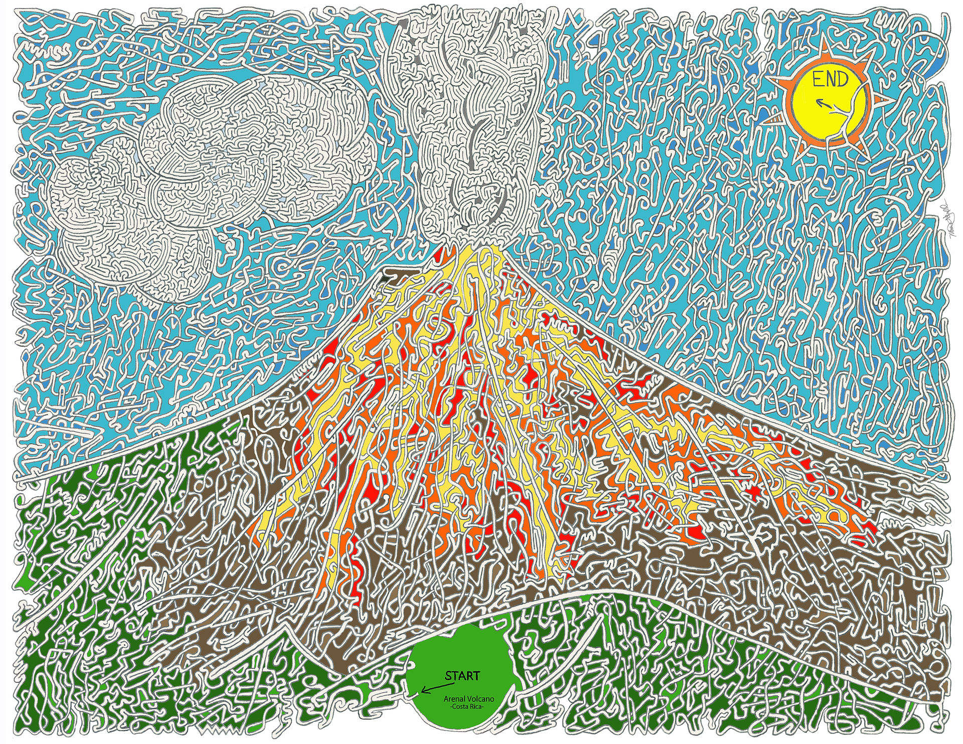 Hand-drawn Arenal Volcano maze by Matthew Gaulden