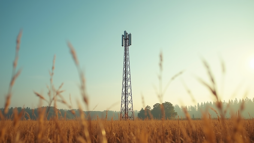 Eye-level view of a communication tower installed in a rural farm