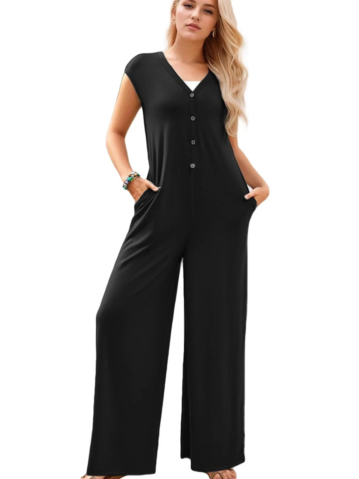 Women's Deep V Neck Cap Sleeve Jumpsuits w/ Wide Leg Pants