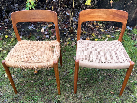 Before and after photo of Moller 75 Danish cord chairs restored by Caning Canada