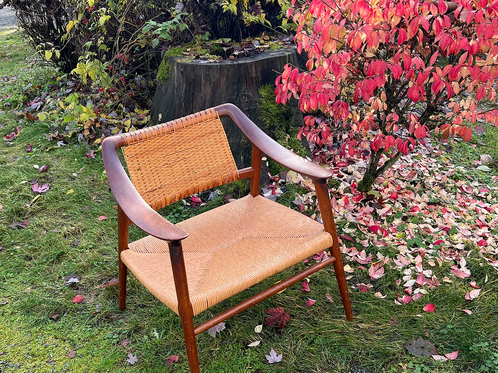 Bambi chair on grass beside colorful bush with red leaves. Fallen leaves scattered around, creating an autumnal feel.