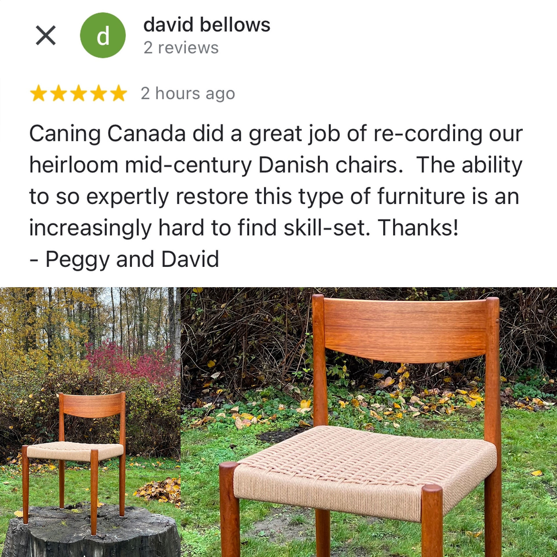 Review of Caning Canada's  Danish cord weaving of Poul Volther chair, Vancouver, BC