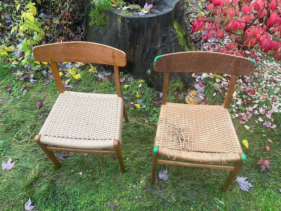 Before and after Danish cord weaving on a mid-century Hans Wegner chair 23 by Caning Canada in Vancouver.